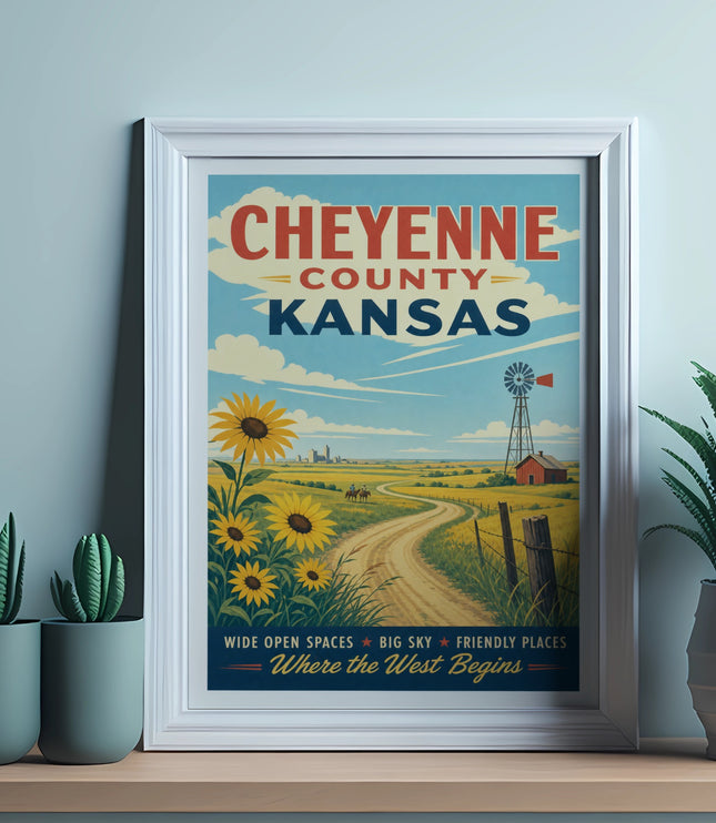 Poster of Cheyenne County, Kansas, with sunflowers, a windmill, and rolling hills.