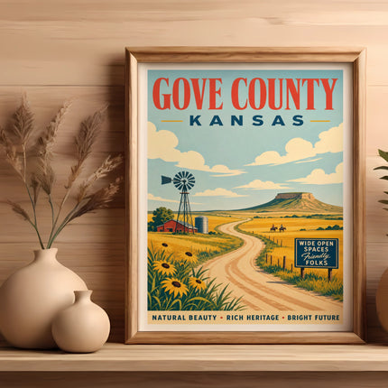 Gove County, Kansas vintage travel poster with windmill, sunflowers, and rolling hills.