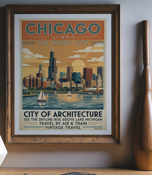 Chicago skyline poster with text "City of Architecture, Travel by Air & Train".