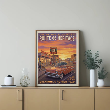Vintage Route 66 heritage poster showing Clinton's Diner and classic cars.