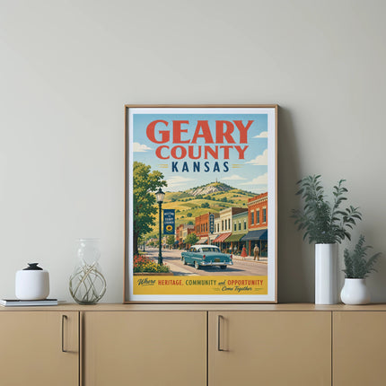 Geary County, Kansas poster with vintage car and town scene.