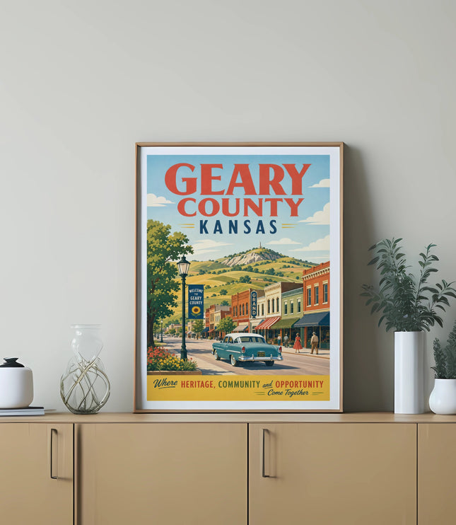 Geary County, Kansas poster with vintage car and town scene.