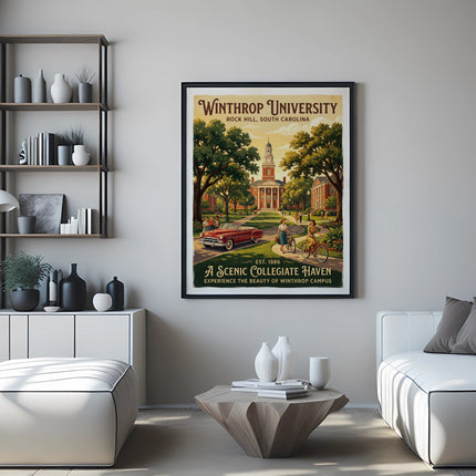 Winthrop University vintage poster with text "Est. 1886 A Scenic Collegiate Haven."