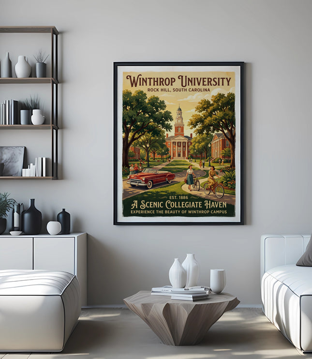Winthrop University vintage poster with text "Est. 1886 A Scenic Collegiate Haven."