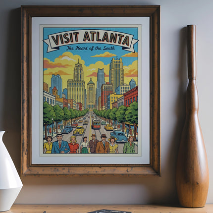 Retro poster of Atlanta cityscape with text "Visit Atlanta The Heart of the South".