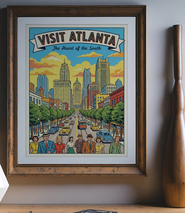 Retro poster of Atlanta cityscape with text "Visit Atlanta The Heart of the South".