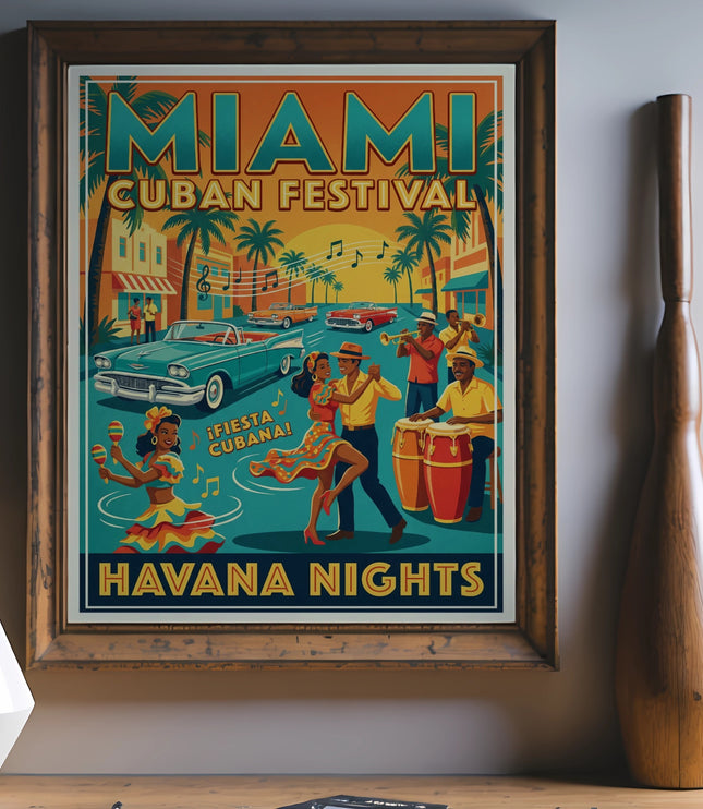 Miami Cuban Festival Havana Nights poster with dancers, musicians, and vintage cars.