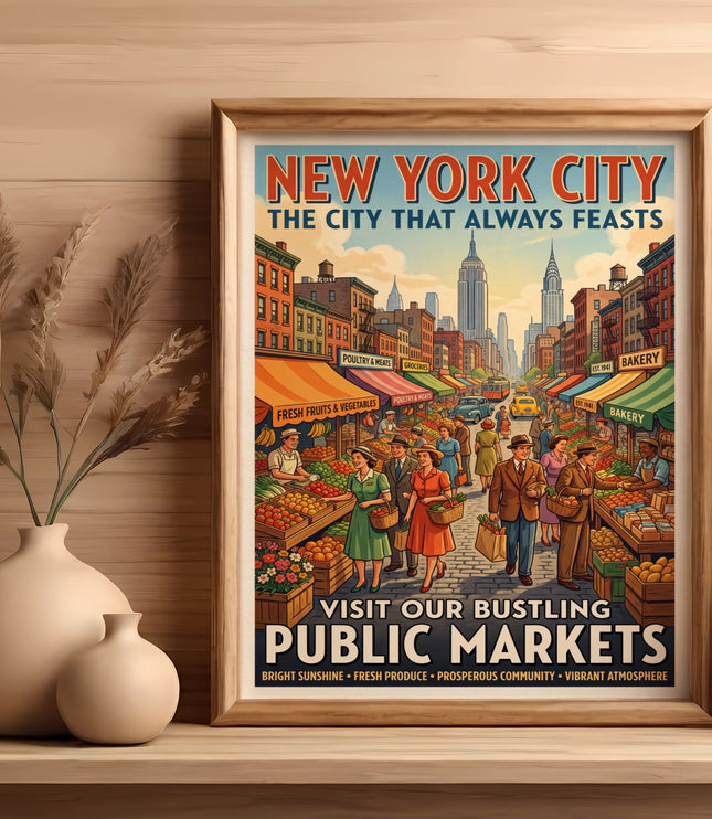 New York City poster with bustling market scene below Empire State Building.