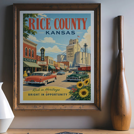 Vintage travel poster for Rice County, Kansas, featuring Lyons.