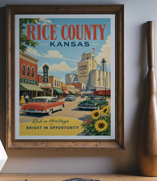 Vintage travel poster for Rice County, Kansas, featuring Lyons.