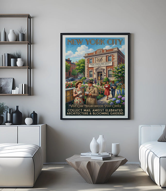New York City vintage poster of a post office, people, and gardens.