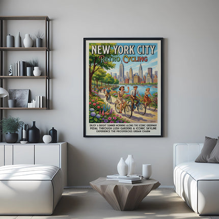 New York City Retro Cycling poster with skyline and cyclists.