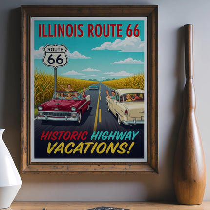 Route 66 vintage travel poster featuring cars on a highway with text.