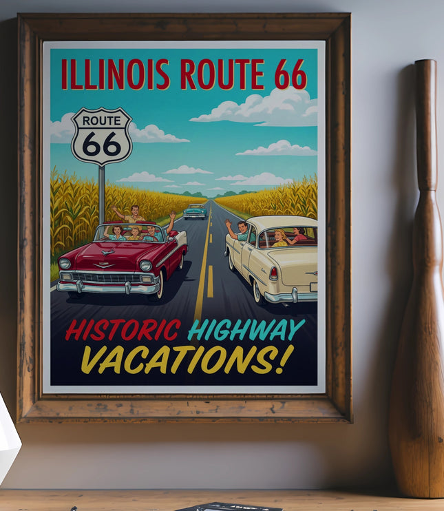 Route 66 vintage travel poster featuring cars on a highway with text.