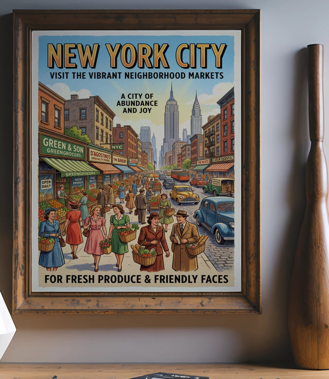 Vintage New York City poster depicting neighborhood markets and street scene.