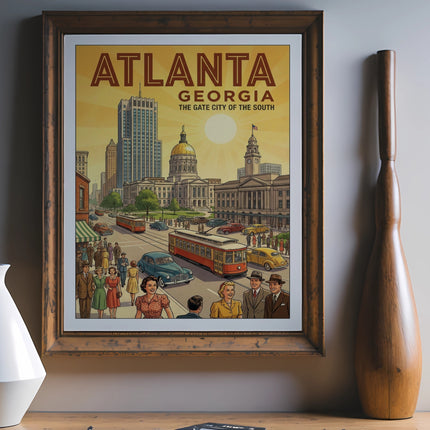 Vintage Atlanta Georgia poster featuring streetcar and buildings.