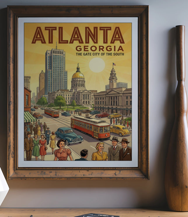 Vintage Atlanta Georgia poster featuring streetcar and buildings.
