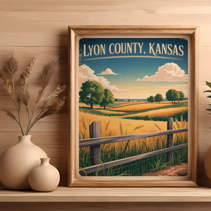 Framed vintage poster of Lyon County, Kansas landscape with golden fields.