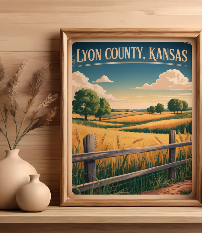Framed vintage poster of Lyon County, Kansas landscape with golden fields.