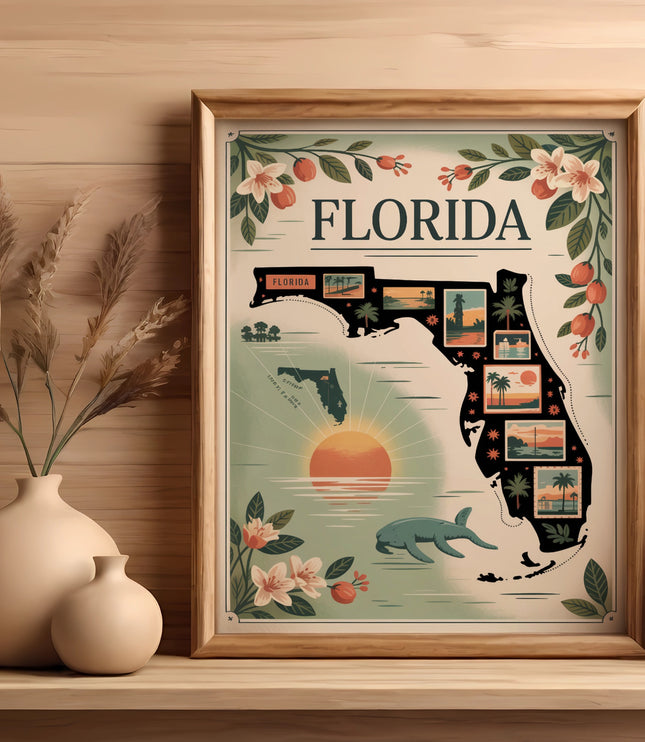 Framed Florida map art with vintage scenes and floral accents.