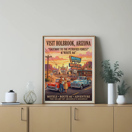 Vintage travel poster for Holbrook, Arizona, featuring classic cars, motels, and Route 66.