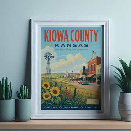 Framed vintage travel poster for Kiowa County, Kansas with text and scene.