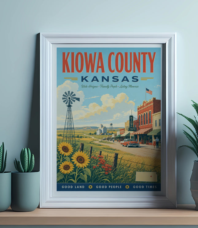 Framed vintage travel poster for Kiowa County, Kansas with text and scene.