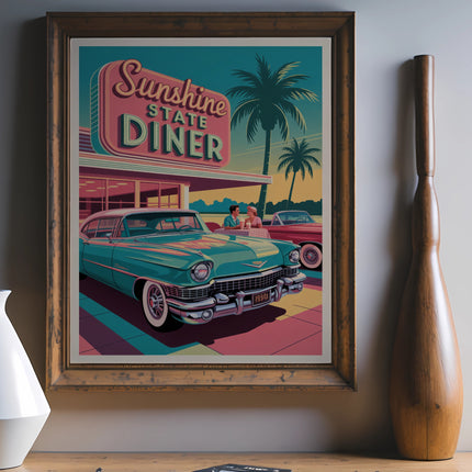 Retro diner scene with turquoise classic car under neon "Sunshine State Diner" sign.