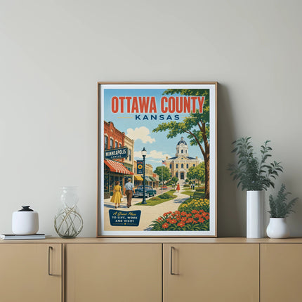 Retro poster for Ottawa County, Kansas, featuring Minneapolis and a welcoming town scene.