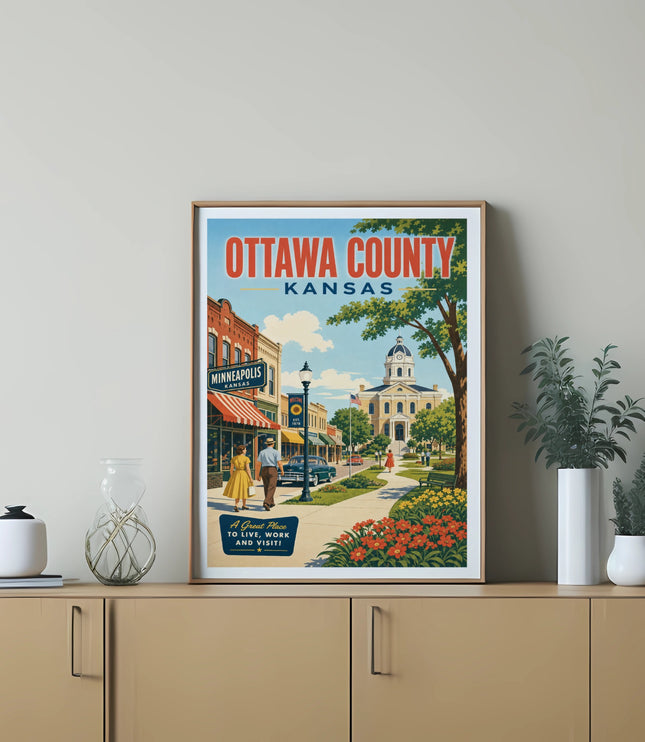 Retro poster for Ottawa County, Kansas, featuring Minneapolis and a welcoming town scene.