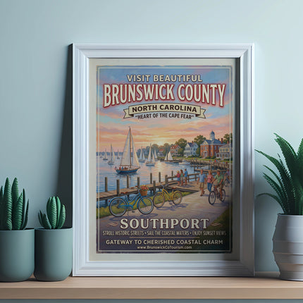 Retro poster for Brunswick County, North Carolina, featuring Southport harbor and activities.