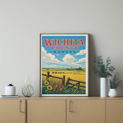 Wichita County, Kansas vintage travel poster with field, fence, and sunflowers.