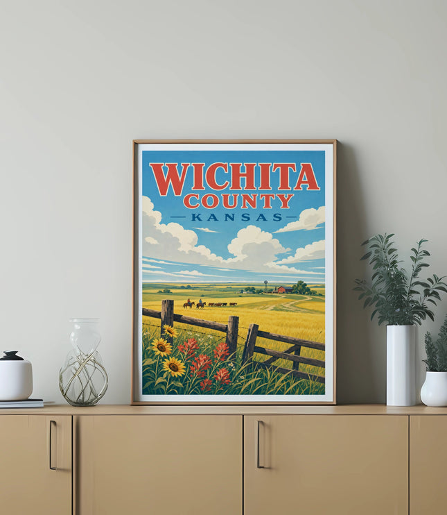 Wichita County, Kansas vintage travel poster with field, fence, and sunflowers.