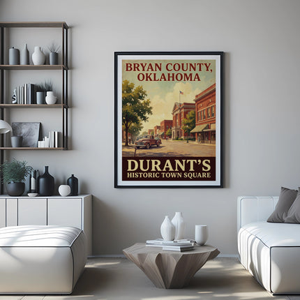 Poster of Durant's historic town square in Bryan County, Oklahoma, with retro truck and buildings.