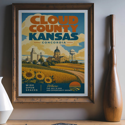 Cloud County Kansas Concordia travel poster with sunflowers and water tower.