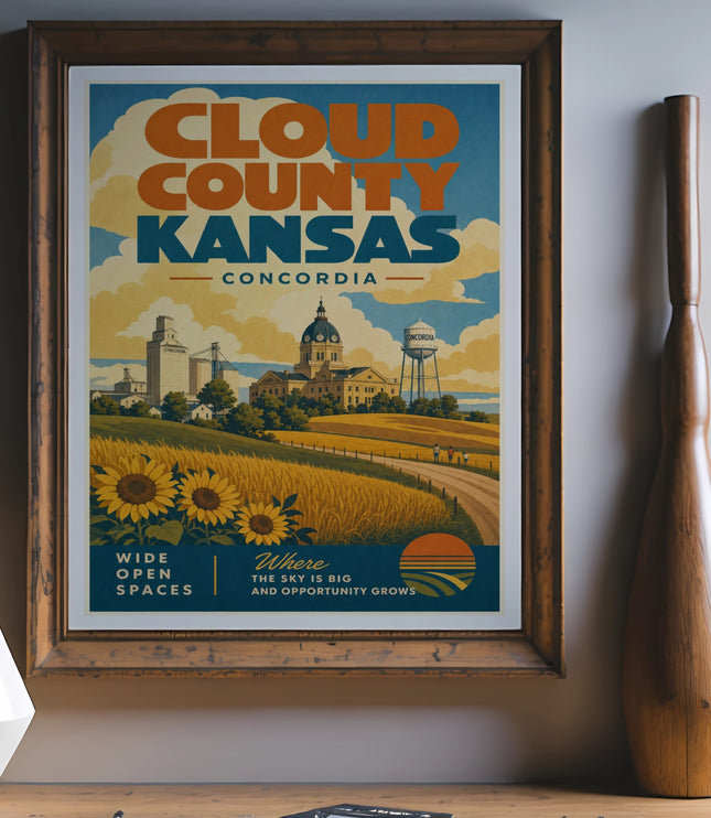 Cloud County Kansas Concordia travel poster with sunflowers and water tower.