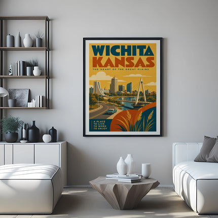 Wichita, Kansas poster with city skyline and bridge, "The Heart of the Great Plains".