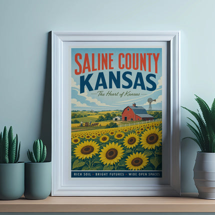 Farm landscape with sunflowers, red barn, and windmill in Saline County, Kansas.