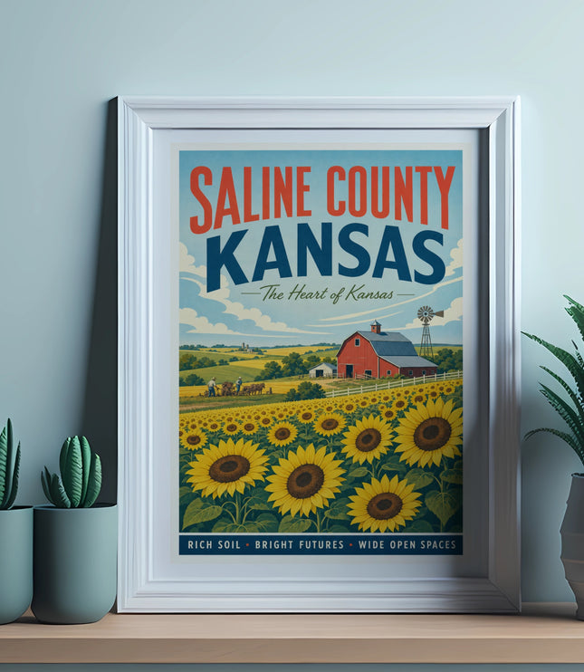 Farm landscape with sunflowers, red barn, and windmill in Saline County, Kansas.