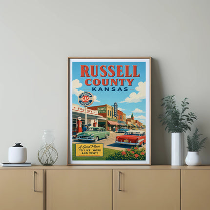 Retro poster for Russell County, Kansas, featuring vintage gas station and buildings.