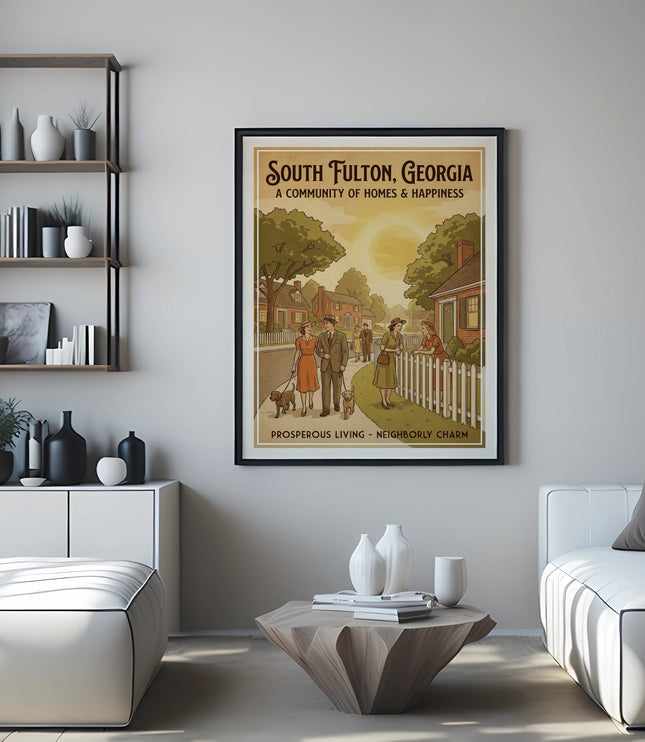 Poster of South Fulton, Georgia, a community of homes and happiness, with people and dogs.