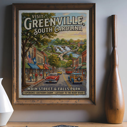 Vintage poster of Greenville, South Carolina, Main Street and Falls Park.