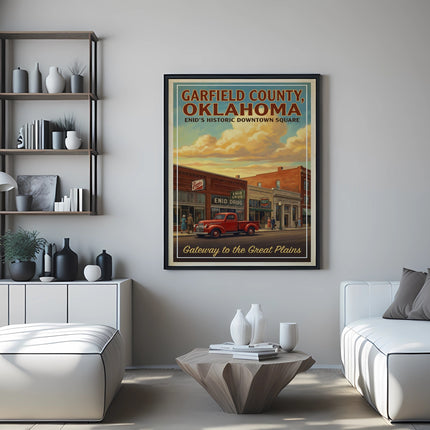 Vintage poster of Garfield County, Oklahoma featuring Enid's historic downtown square.