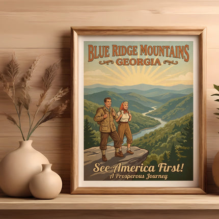 Vintage poster of a couple overlooking Blue Ridge Mountains, Georgia, with text "See America First!".