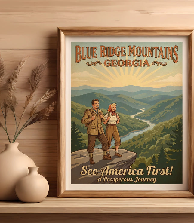 Vintage poster of a couple overlooking Blue Ridge Mountains, Georgia, with text "See America First!".