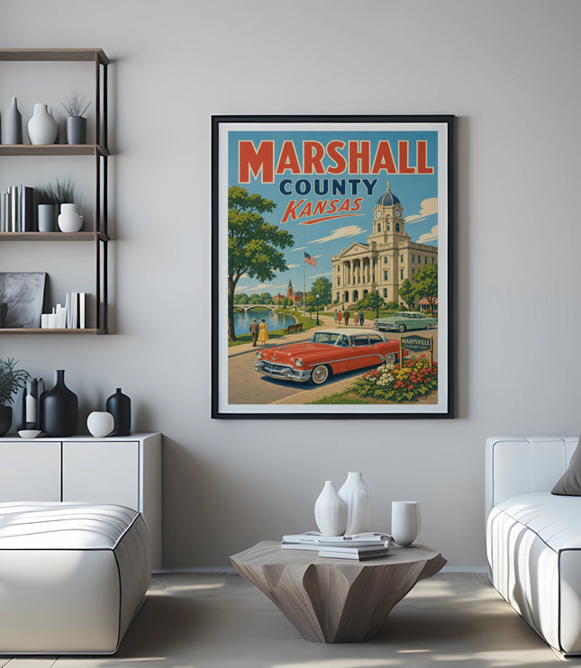 Retro Marshall County Kansas travel poster with vintage car.