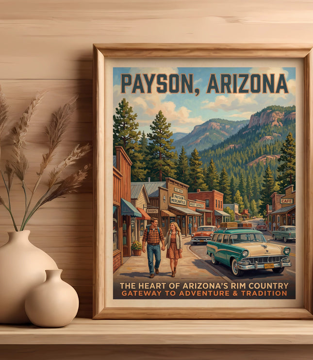 Payson, Arizona vintage travel poster showing a couple walking past shops with classic cars.