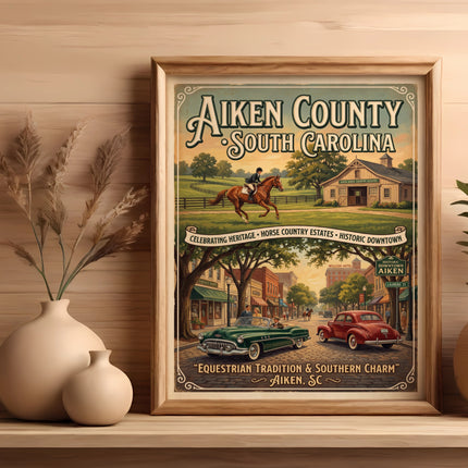 Poster depicting Aiken County, South Carolina with equestrian and downtown scenes.