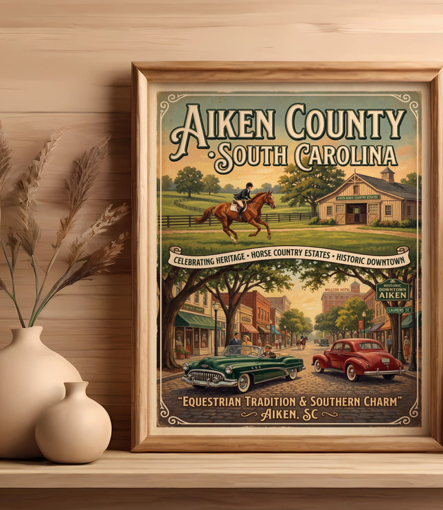 Poster depicting Aiken County, South Carolina with equestrian and downtown scenes.
