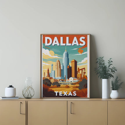 Dallas skyline artwork displayed on a light brown dresser.